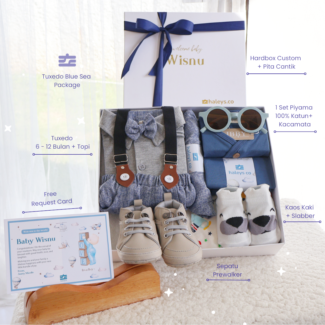 Haleys.co Hampers Premium | Varian Tuxedo Package | Tuxedo Formal Baby Boy + Piyama Katun 100% Adem Ringan 6-12 Bulan | Jumper Bear | 8 in 1 