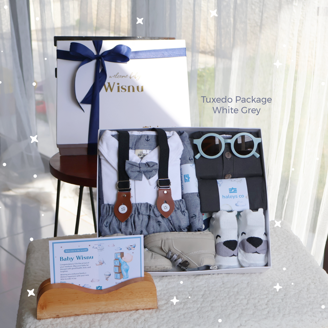 Haleys.co Hampers Premium | Varian Tuxedo Package | Tuxedo Formal Baby Boy + Piyama Katun 100% Adem Ringan 6-12 Bulan | Jumper Bear | 8 in 1 