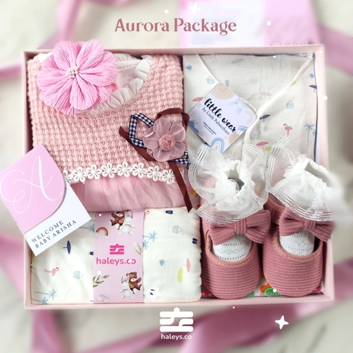 Image of Haleys.co Hampers Premium | Aurora Package | Dress Cantik 6-12 Bulan + Piyama LPH & Selimut Dotted Lembut | 8 in 1