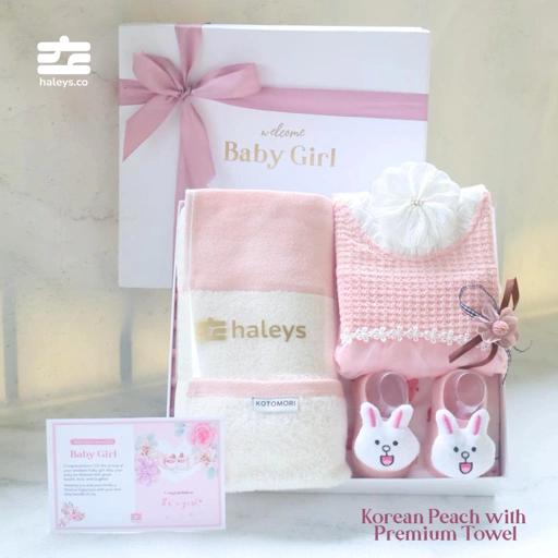 Image of Haleys.co Hampers Premium | Peach Handuk Premium | Dress Anak Perempuan Pink + Handuk Premium Lembut, Hadiah Elegan 6-12 Bulan | 6 in 1