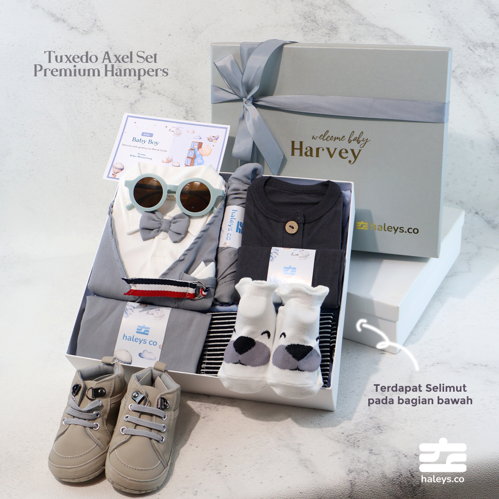 Haleys.co Hampers Premium | Varian Tuxedo Package | Tuxedo Formal Baby Boy + Piyama Katun 100% Adem Ringan 6-12 Bulan | Jumper Bear | 8 in 1 