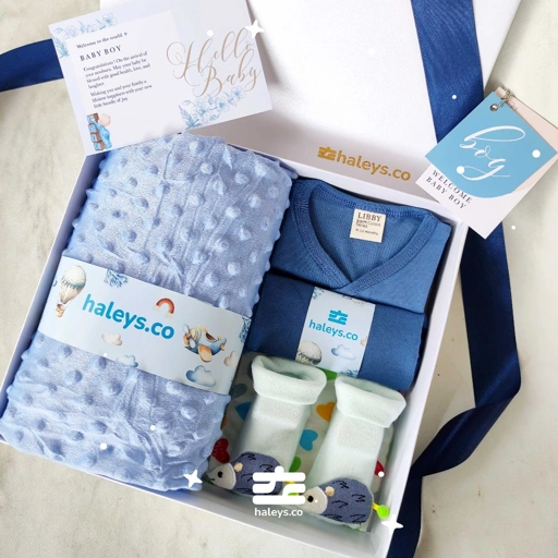 Image of Haleys.co Hampers Premium | Dotted Boy & Girl | Piyama Katun 100% + Selimut Dotted Lembut 90x75, 0-12 Bulan | 6 in 1