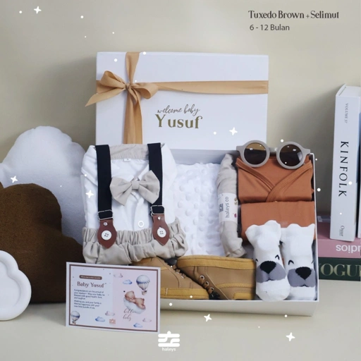 Image of Haleys.co Hampers Premium | Tuxedo Package | Tuxedo Formal Baby Boy Brown White + Piyama Katun 100% Adem Ringan 6-12 Bulan | 8 in 1