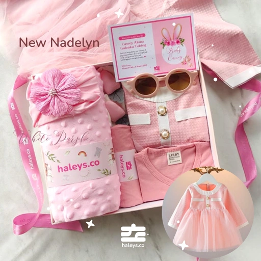 Image of Haleys.co Hampers Premium | Nadelyn Package | Dress Korean Look Bayi Perempuan Pink & Blue, 6-12 Bulan | 7 in 1 