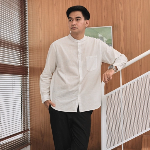 Image of ZAIN Kemeja Linen Putih Kemeja Panjang Pria Kerah Sanghai Koko Collarless Casual Premium by Divsouth