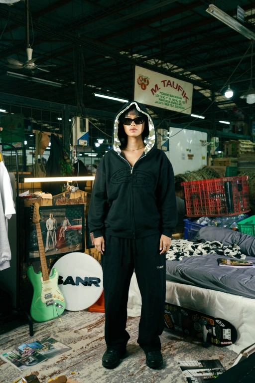 Image of SANR STUDIO DISTRESSED ZIP DOUBLE HOOD CAMO - BLACK 