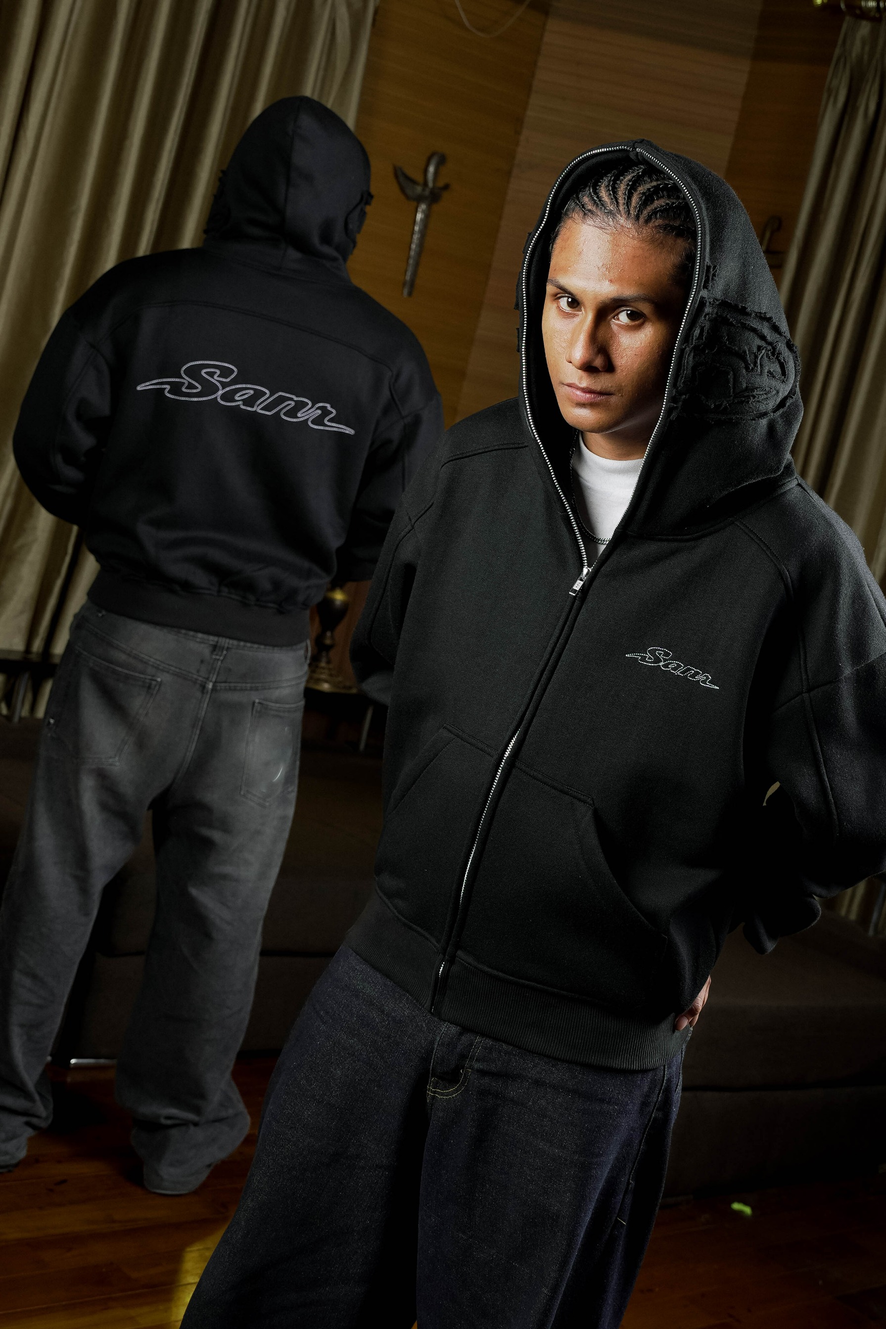 SANR STUDIO FULL ZIP UP HOODIE - BLACK