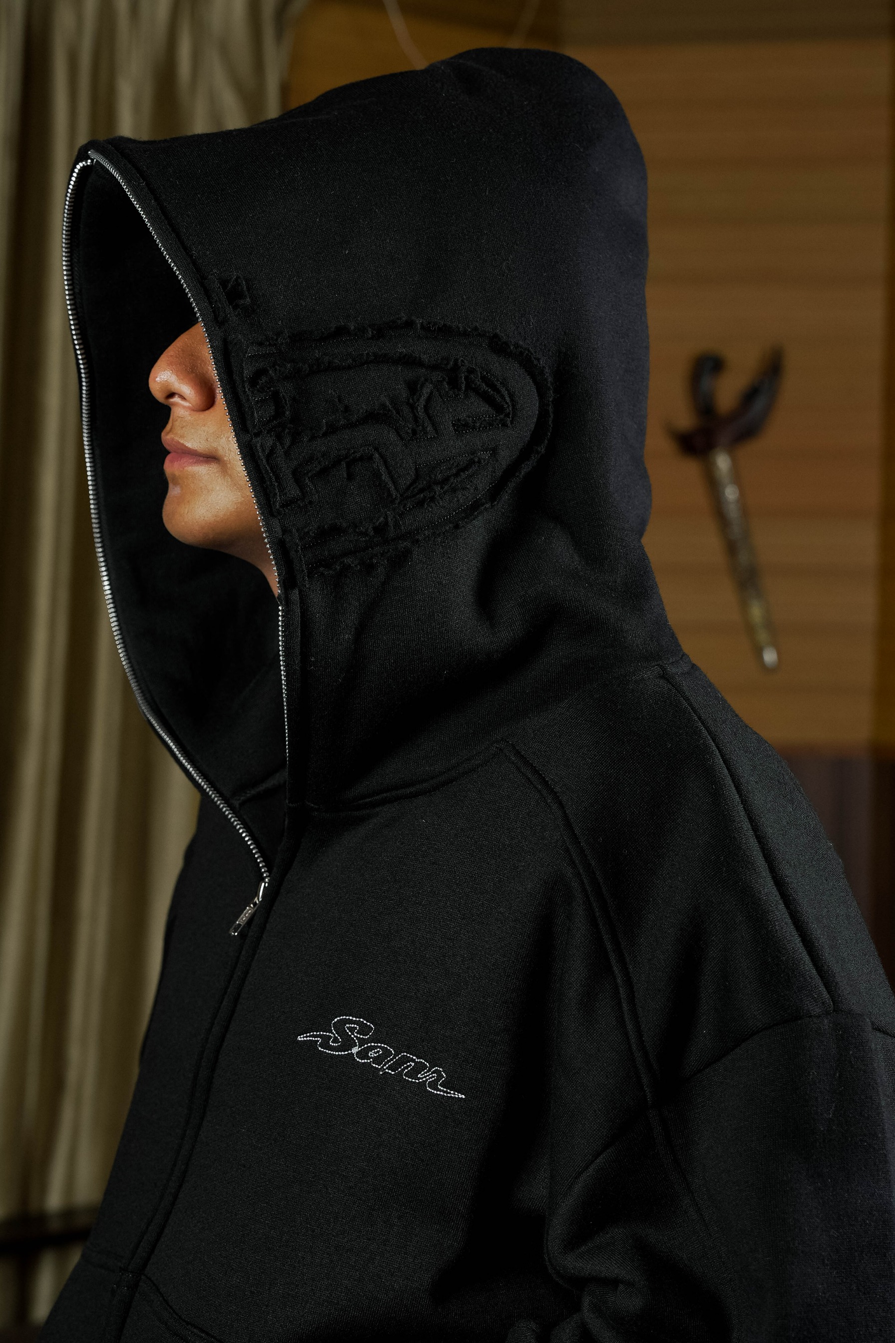 SANR STUDIO FULL ZIP UP HOODIE - BLACK