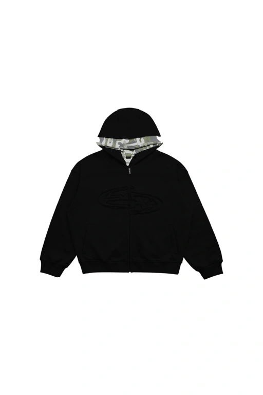 Image of SANR STUDIO DISTRESSED ZIP DOUBLE HOOD CAMO - BLACK 
