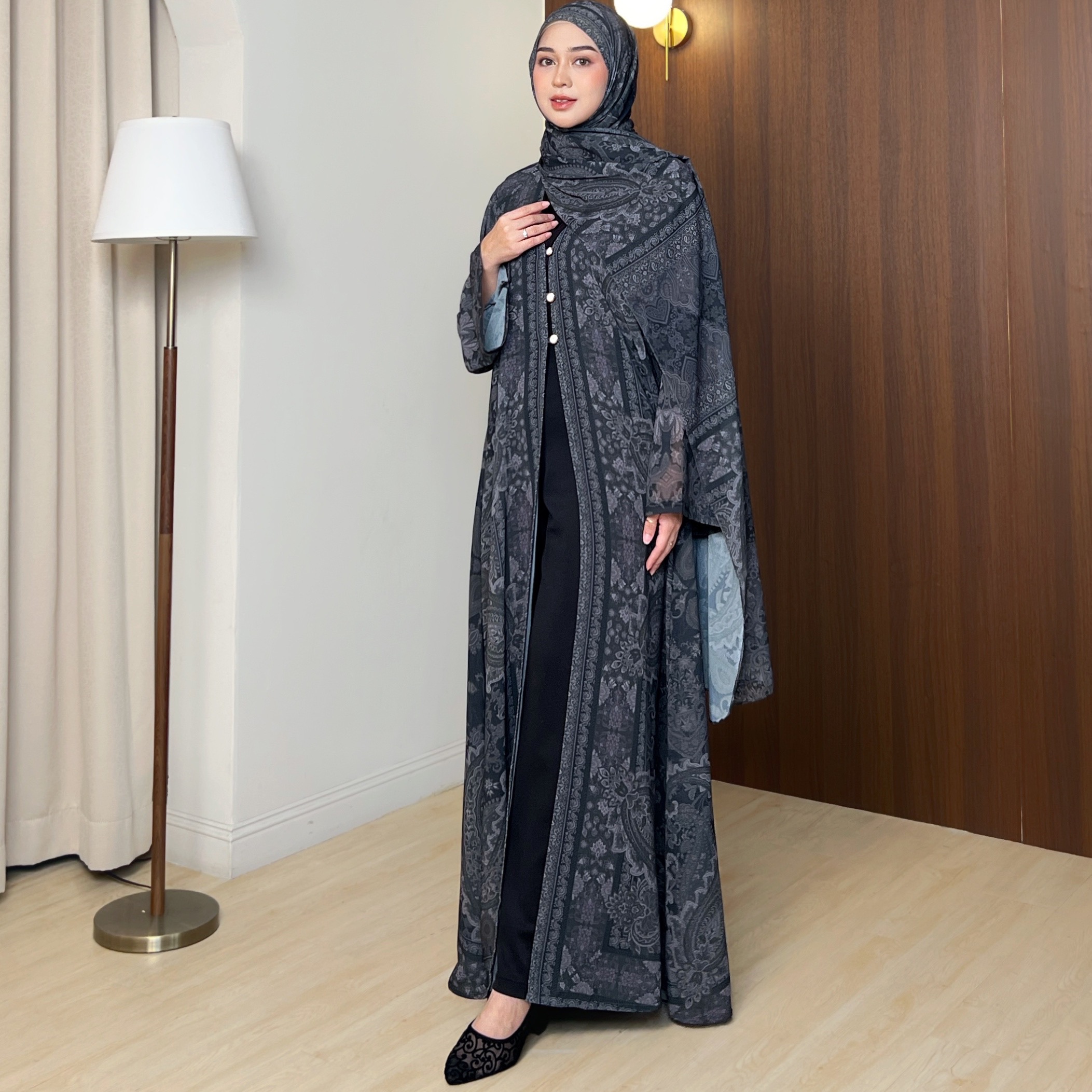 Syiraaswardrobe | Kamala Outer Abaya Wanita Premium Motif Cashmere Free Pashmina