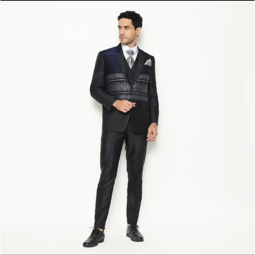 Jas Pria Pengantin Formal Setelan Ulos Semi Wool Glossy + Dasi & Cover - YUNG