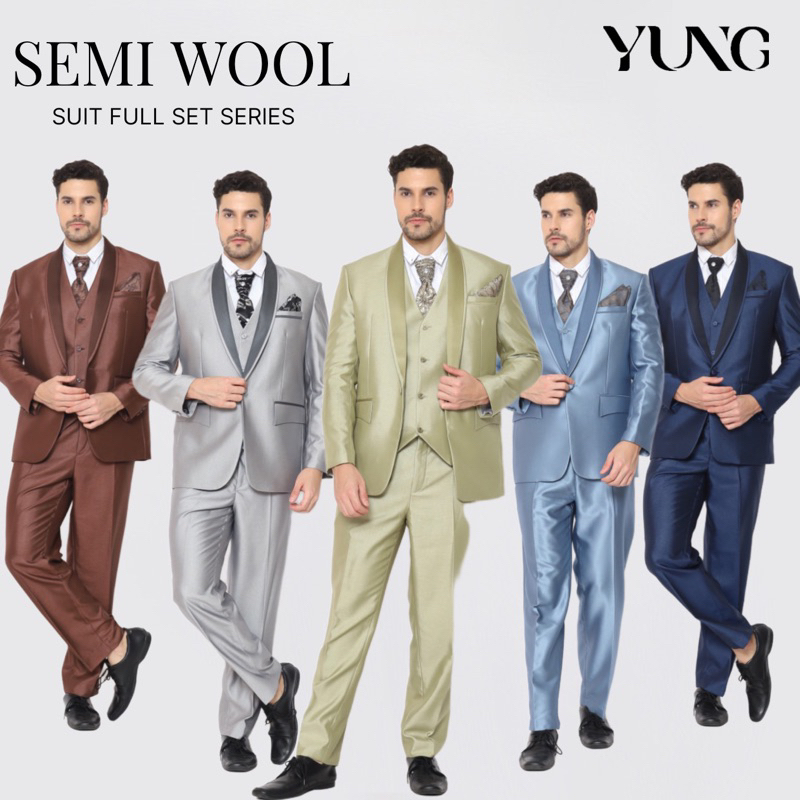 Full Set Jas Pria Pengantin Formal Setelan Semi Wool Full Jas + Rompi + Dasi & Cover - YUNG
