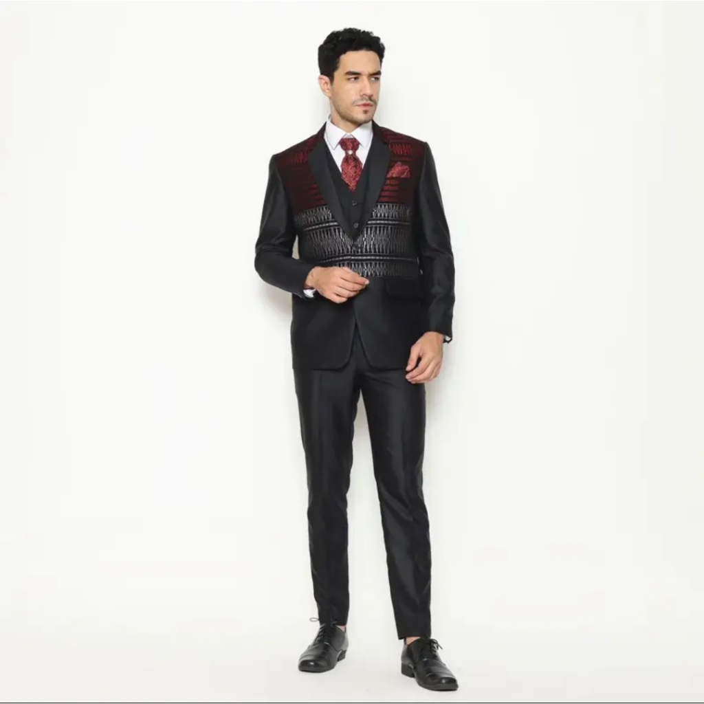 Jas Pria Pengantin Formal Setelan Ulos Semi Wool Glossy + Dasi & Cover - YUNG