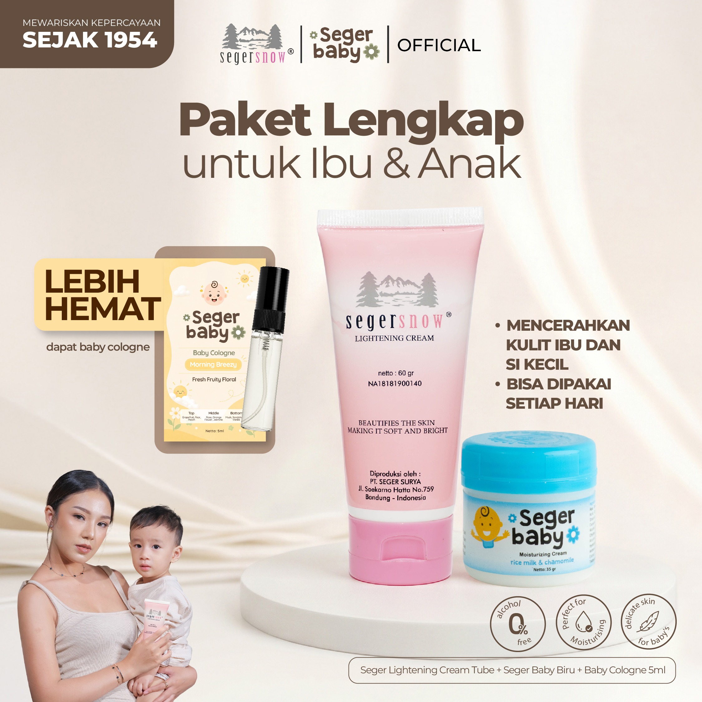 Seger Snow Bundle 2in1 Ibu & Anak | Paket Krim Lightening Cream 60gr & Seger Baby Moisturizing Cream 35gr | Melembabkan Mencerahkan Kulit BPOM & HALAL