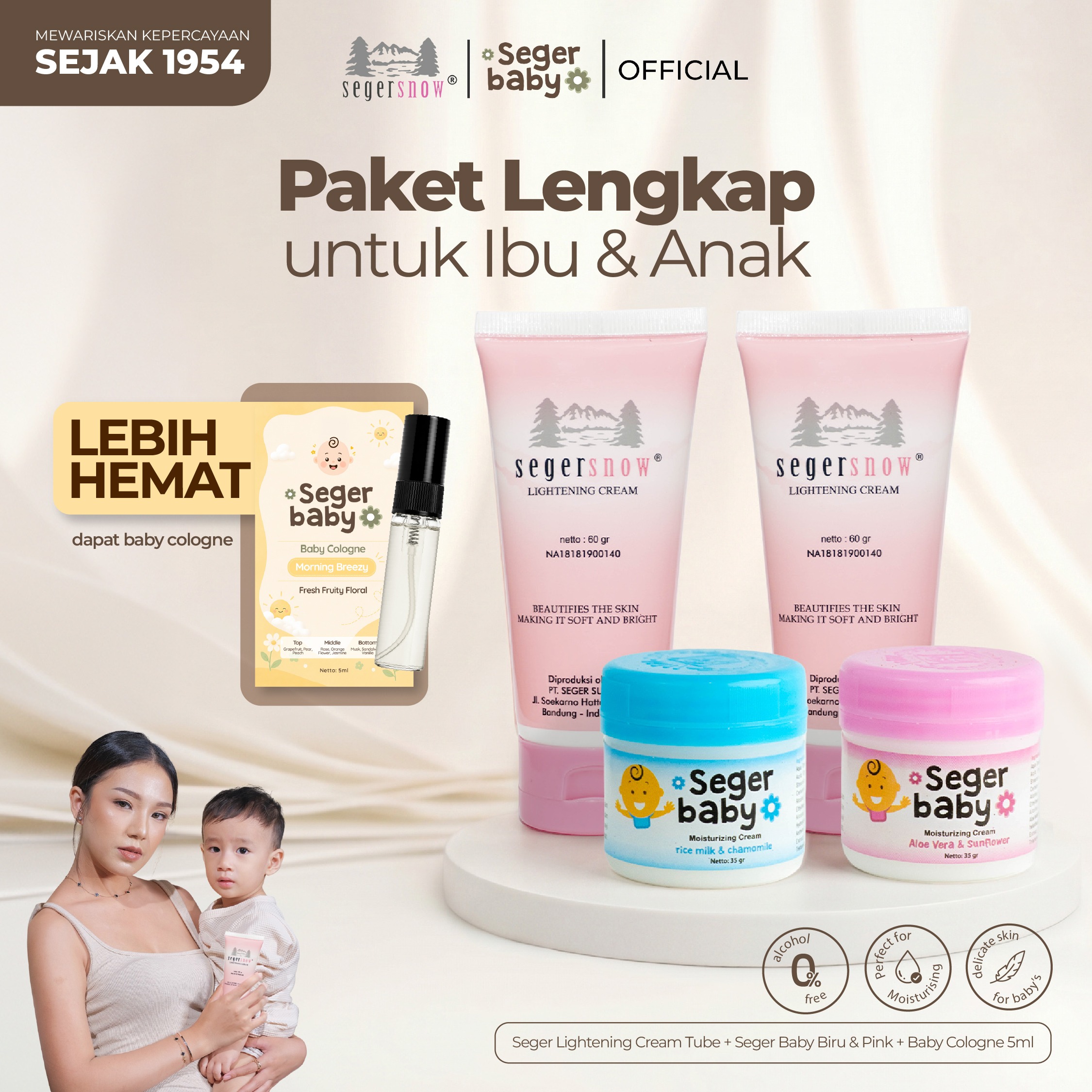 Seger Snow Bundle 2in1 Ibu & Anak | Paket Krim Lightening Cream 60gr & Seger Baby Moisturizing Cream 35gr | Melembabkan Mencerahkan Kulit BPOM & HALAL