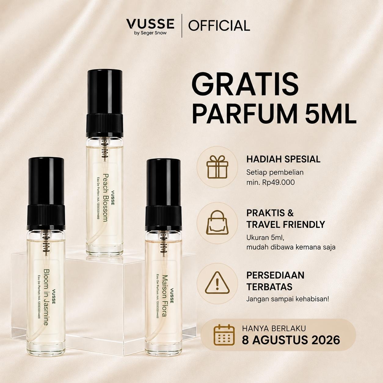(SPESIAL 8.8 ) Gratis Parfum VUSSE by Seger Snow Eau De Parfum 5ml | Hadiah Pembelian Min. Rp49.000 | Wangi Tahan Lama