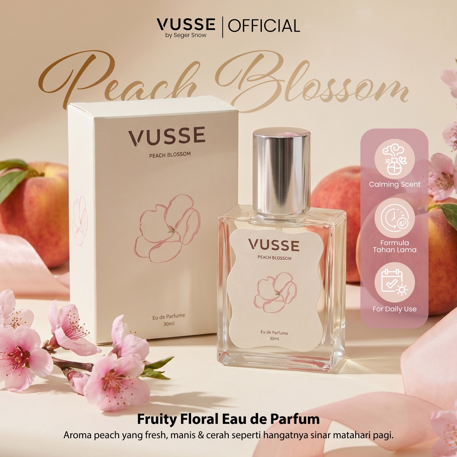 Vusse by Seger Snow Peach Blossom Eau De Parfum | Parfum Fruity Floral Tahan Lama Fresh Ringan Nyaman Digunakan Sehari-hari dengan Aroma Jasmine Ylang-Ylang Orange Blossom Rose Musk Sandalwood Vanilla - Elegan