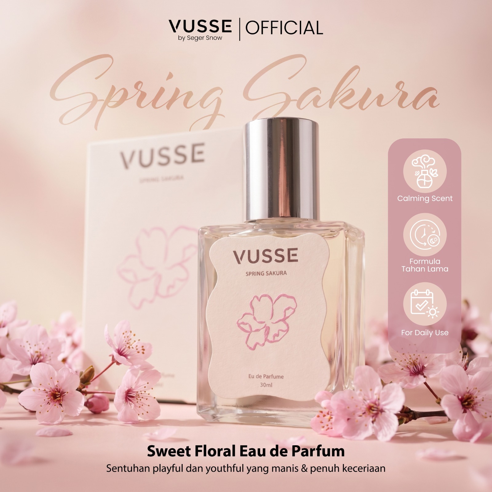 Vusse by Seger Snow Spring Sakura Eau De Parfum Parfum Floral Fresh Tahan Lama Ringan Nyaman Digunakan Sehari-hari Aroma Bunga Elegan