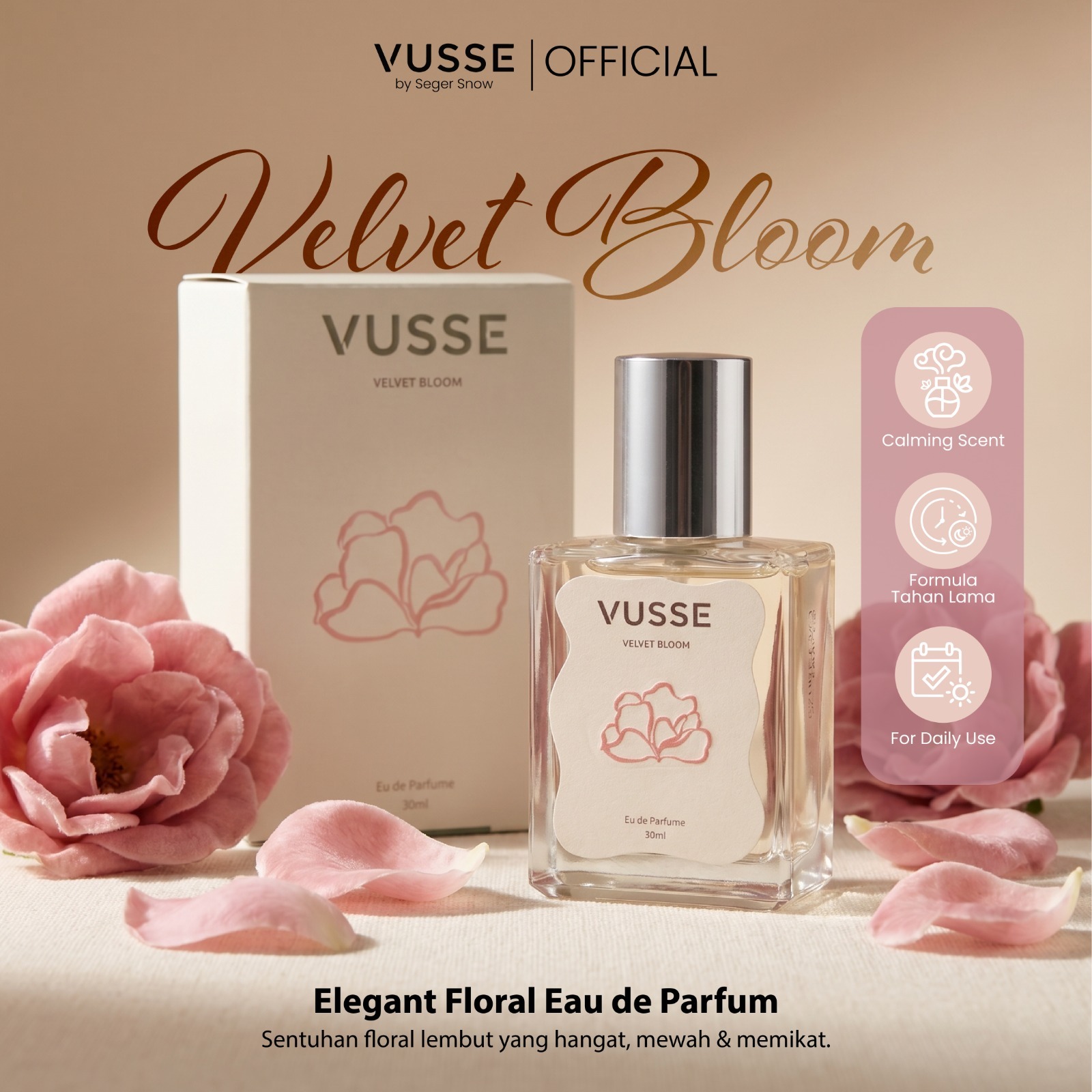 Vusse by Seger Snow Velvet Bloom Eau De Parfum | Parfum Floral Tahan Lama, Elegan, Ringan, dan Nyaman Digunakan Sehari-hari dengan Aroma Bunga Sakura Segar dan Lembut