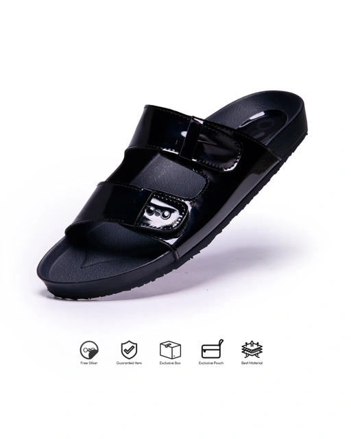 Kosong.Ltd Sandal Selop Pria - Wanita Origin - Black Glossy Slide Premium Leather/ Elegant/ Casual