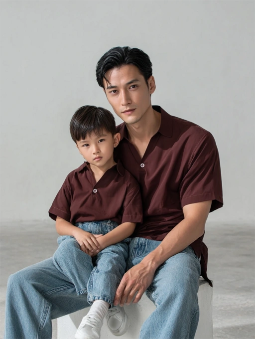 Image of Palta V Shirt Couple Ayah & Anak – Kemeja V-Collar Minimalis Warna Wine Maroon