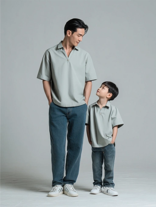 Image of Palta V Shirt Couple Ayah & Anak – Kemeja V-Collar Minimalis Warna Fresh Mint