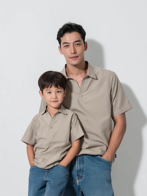 Image of Palta V Shirt Couple Ayah & Anak – Kemeja V-Collar Minimalis Warna Bittersweet Mocca