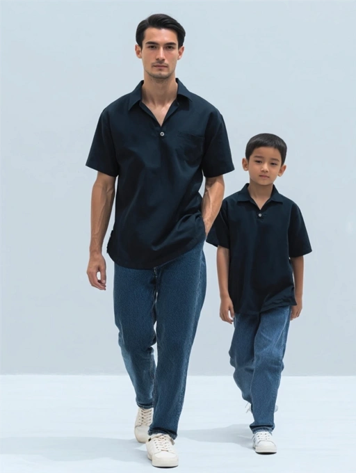 Image of Palta V Shirt Couple Ayah & Anak – Kemeja V-Collar Minimalis Warna Bold Black