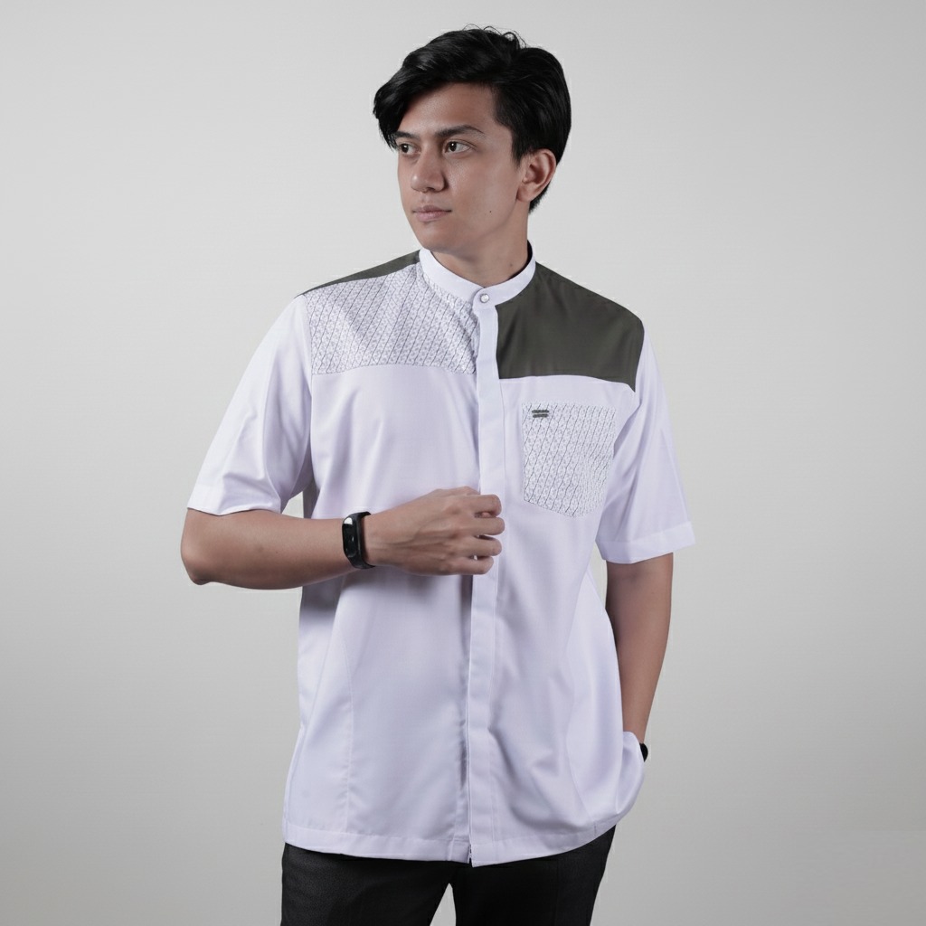 Qori Apparel Signature White Series Pria Kemeja Koko Lengan Pendek