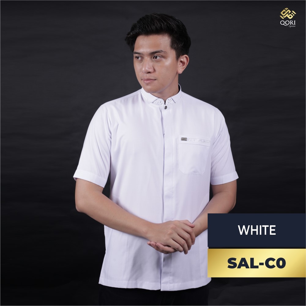 Qori Apparel Signature White Series Pria Kemeja Koko Lengan Pendek