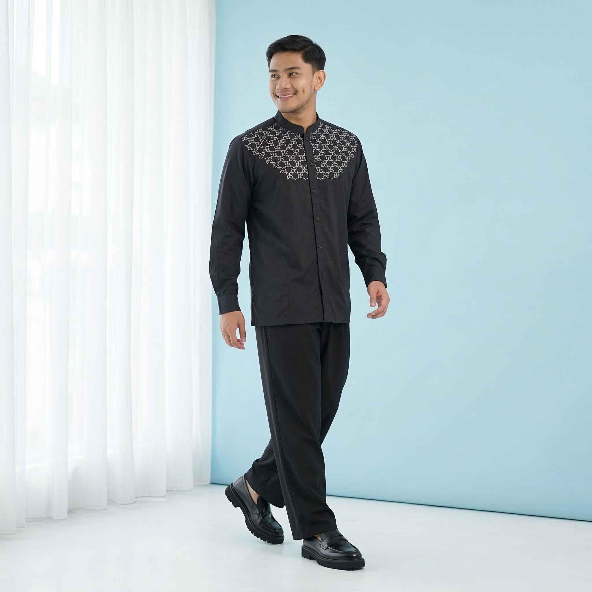 Koko Bordir Lengan Panjang Pria Rashad - Baju Koko Kerah Changi Collarless Katun Bordir Motif
