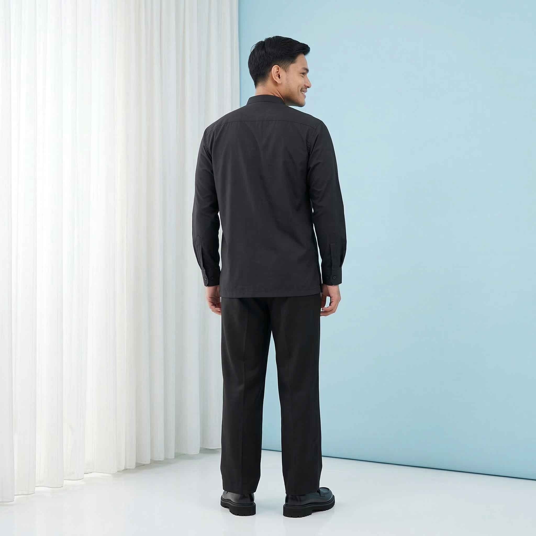 Koko Bordir Lengan Panjang Pria Rashad - Baju Koko Kerah Changi Collarless Katun Bordir Motif