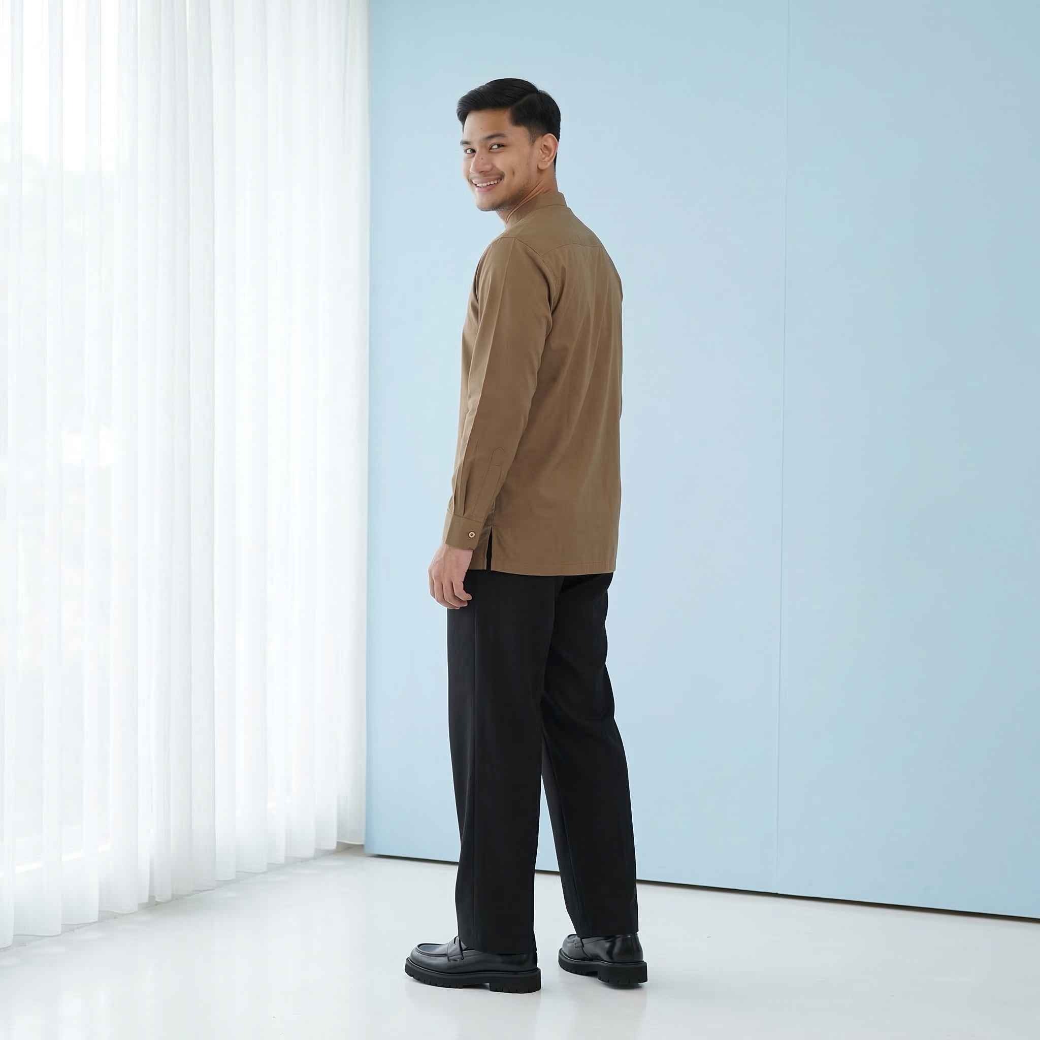Koko Bordir Lengan Panjang Pria Rashad - Baju Koko Kerah Changi Collarless Katun Bordir Motif