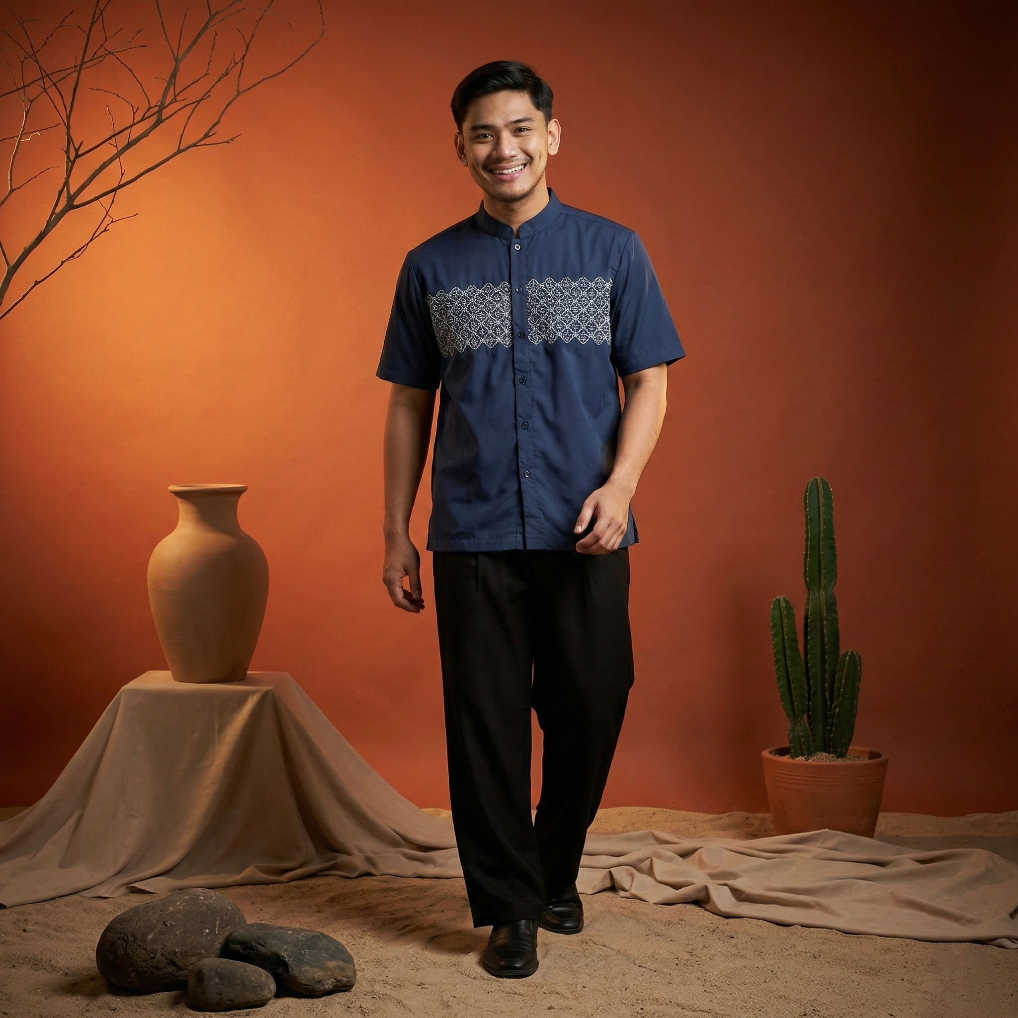 Koko Bordir Lengan Pendek Pria Yazhid - Baju Koko Kerah Changi Collarless Katun Bordir Motif