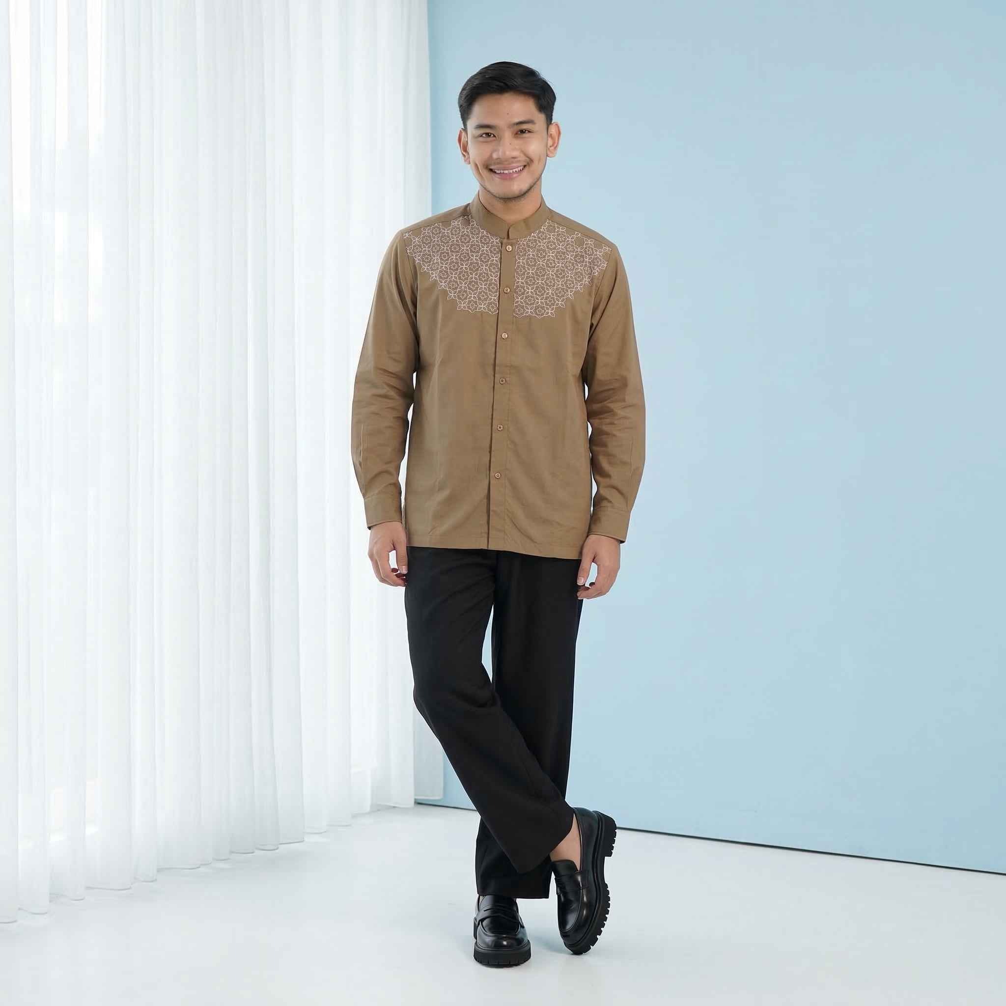 Koko Bordir Lengan Panjang Pria Rashad - Baju Koko Kerah Changi Collarless Katun Bordir Motif