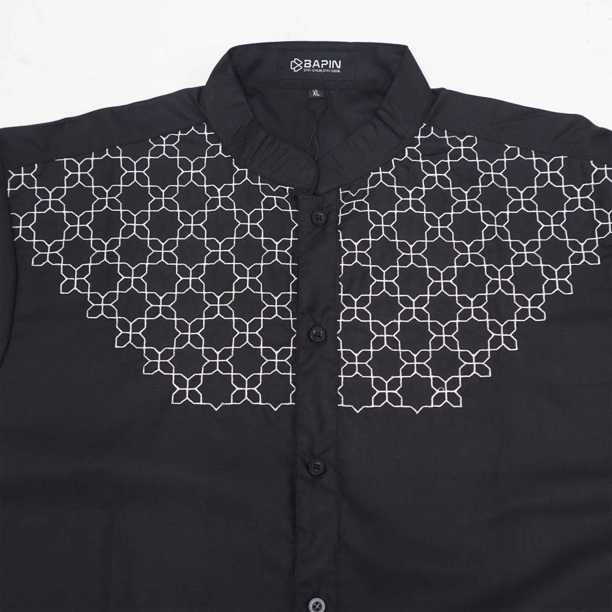 Koko Bordir Lengan Panjang Pria Rashad - Baju Koko Kerah Changi Collarless Katun Bordir Motif