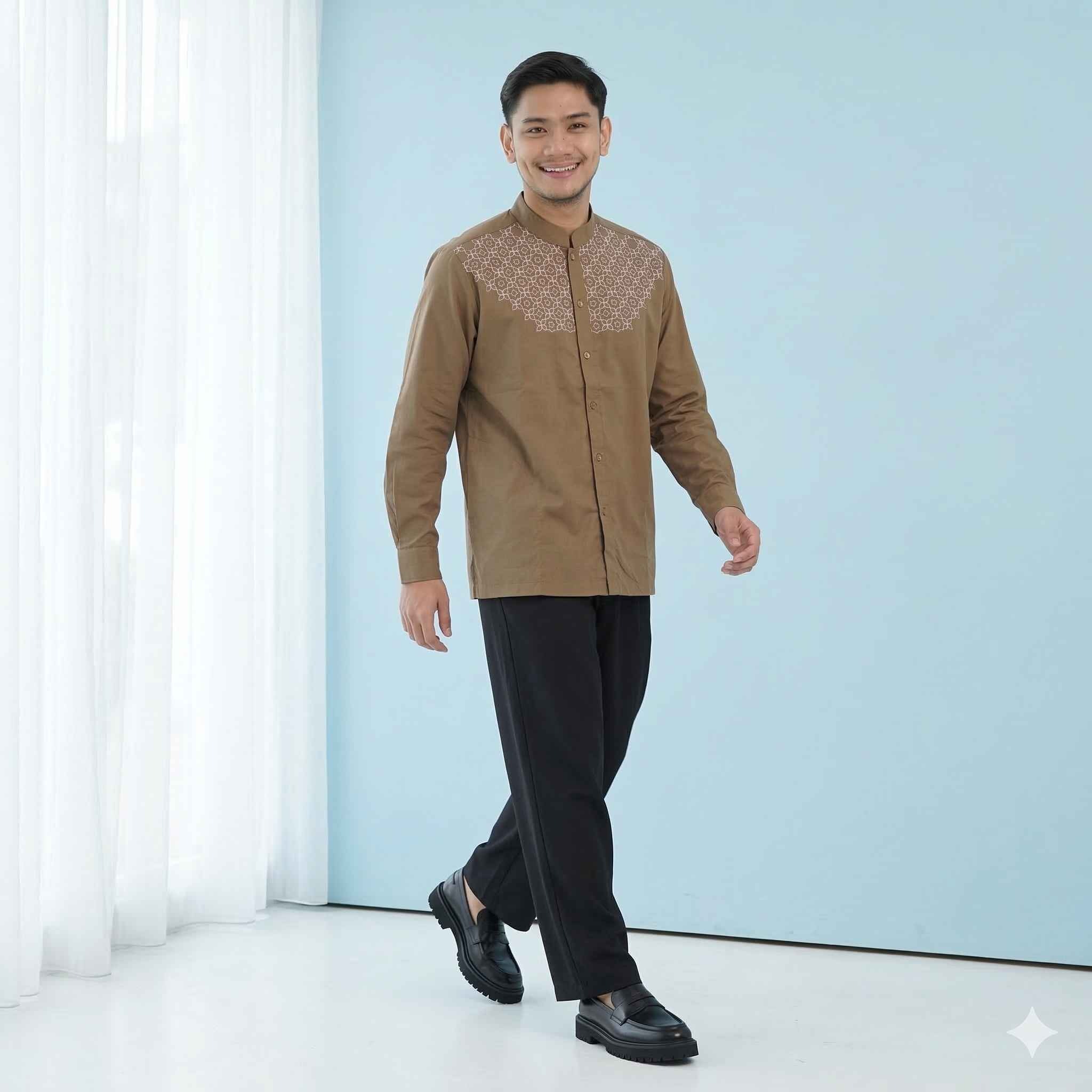 Koko Bordir Lengan Panjang Pria Rashad - Baju Koko Kerah Changi Collarless Katun Bordir Motif