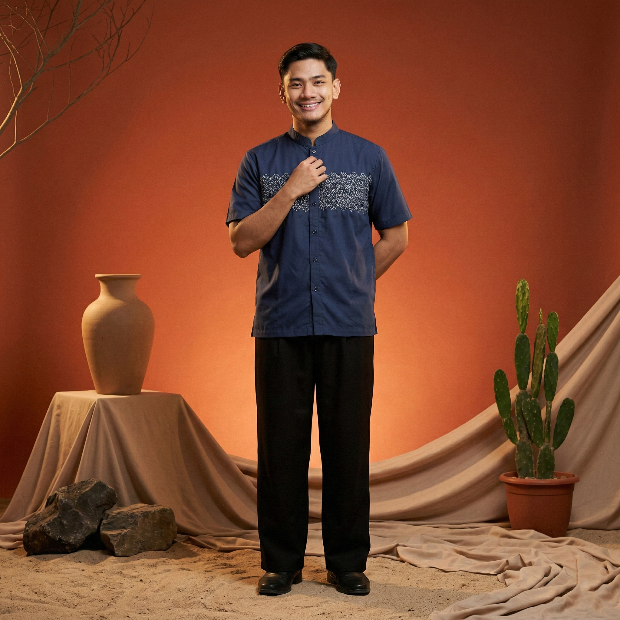 Koko Bordir Lengan Pendek Pria Yazhid - Baju Koko Kerah Changi Collarless Katun Bordir Motif