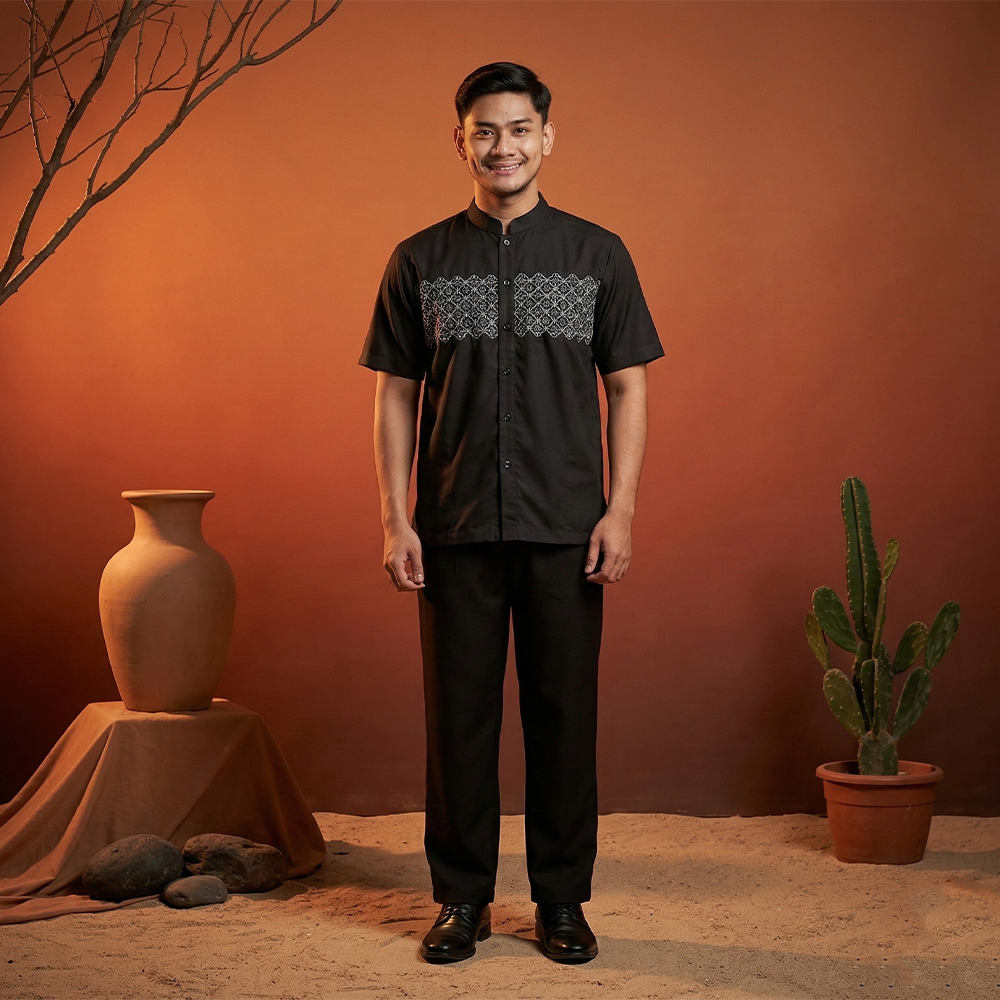 Koko Bordir Lengan Pendek Pria Yazhid - Baju Koko Kerah Changi Collarless Katun Bordir Motif