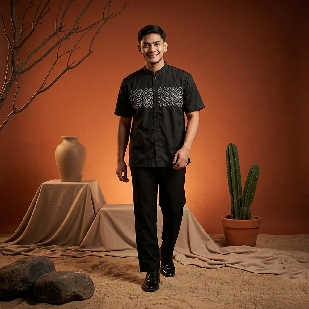 Koko Bordir Lengan Pendek Pria Yazhid - Baju Koko Kerah Changi Collarless Katun Bordir Motif