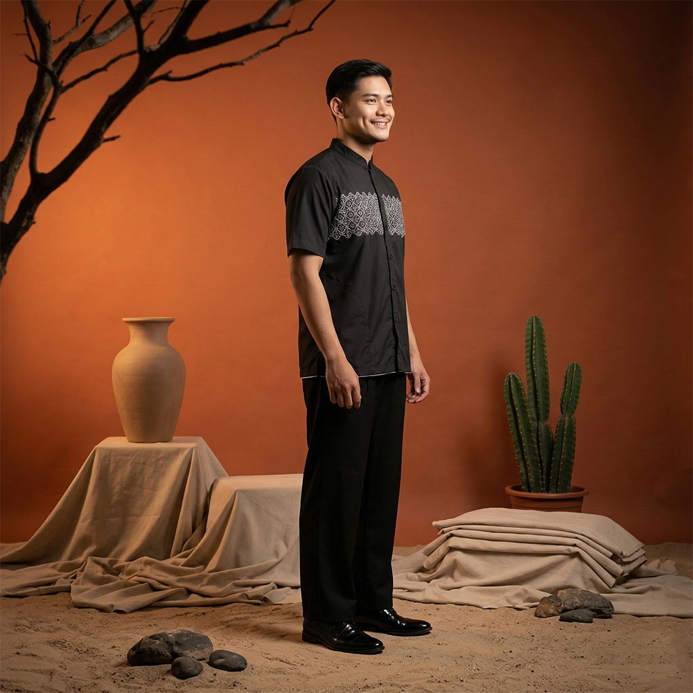Koko Bordir Lengan Pendek Pria Yazhid - Baju Koko Kerah Changi Collarless Katun Bordir Motif
