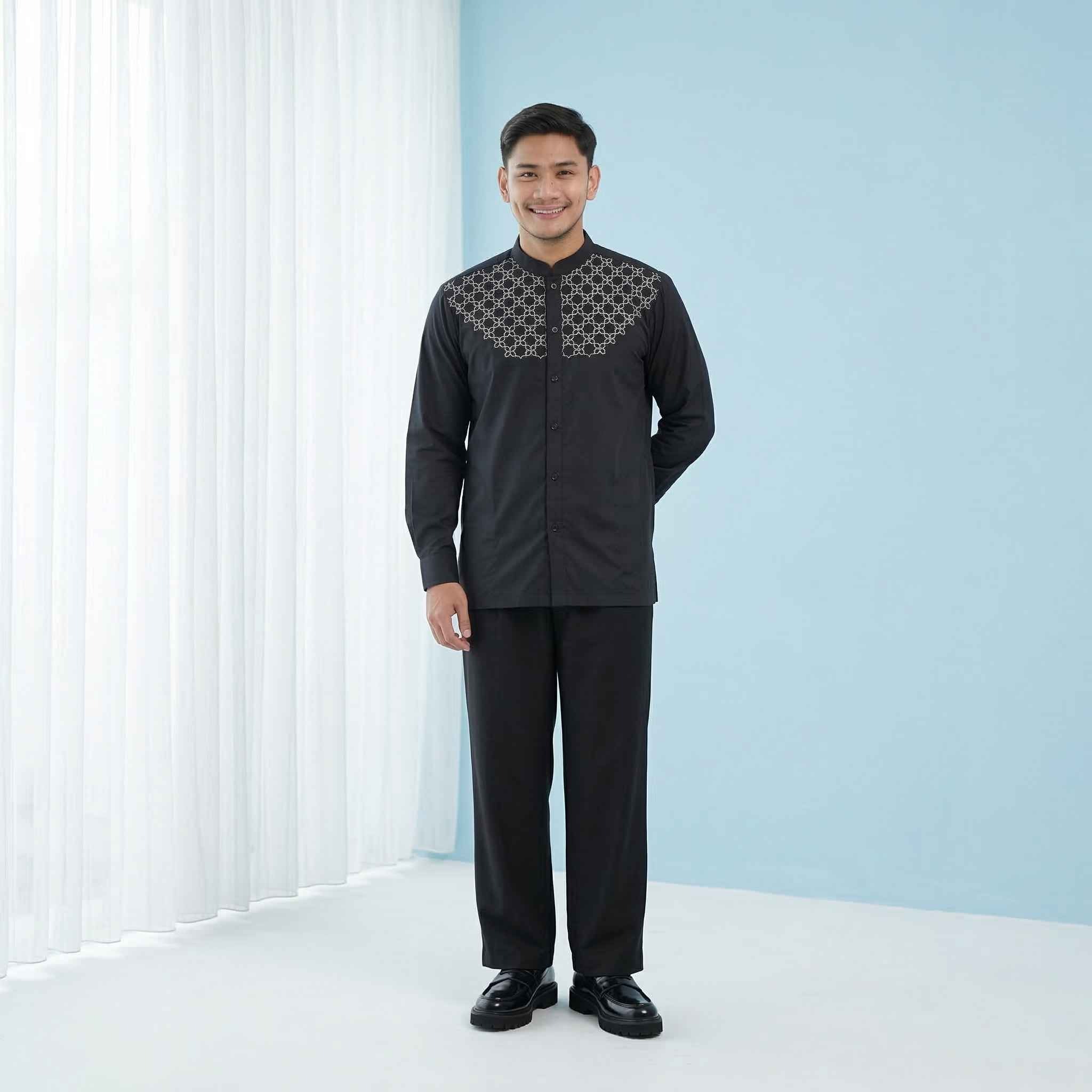 Koko Bordir Lengan Panjang Pria Rashad - Baju Koko Kerah Changi Collarless Katun Bordir Motif