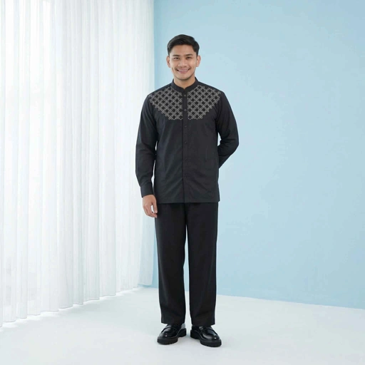 Image of Koko Bordir Lengan Panjang Pria Rashad - Baju Koko Kerah Changi Collarless Katun Bordir Motif