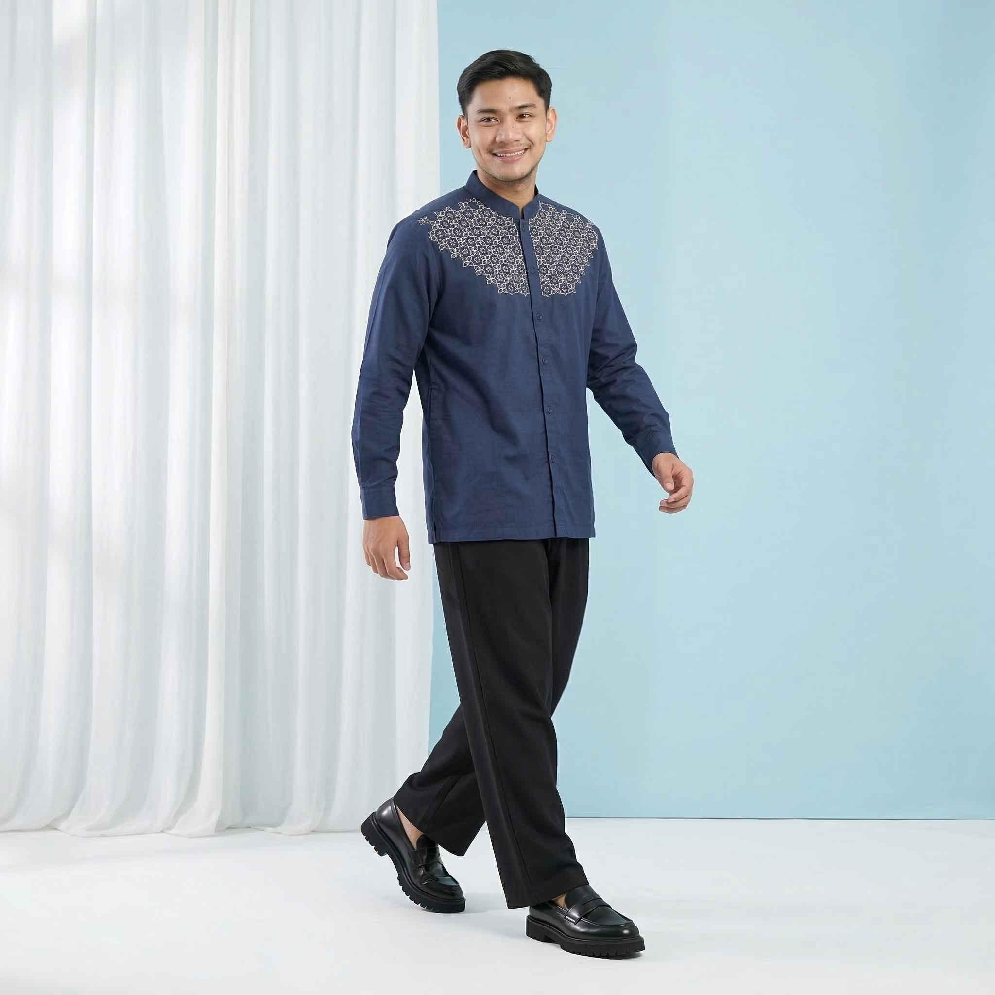 Koko Bordir Lengan Panjang Pria Rashad - Baju Koko Kerah Changi Collarless Katun Bordir Motif