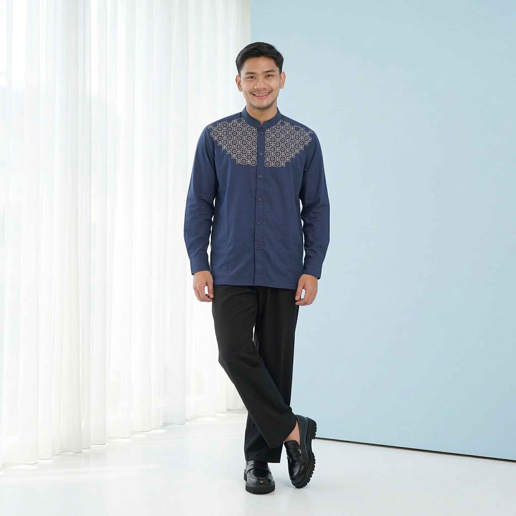 Koko Bordir Lengan Panjang Pria Rashad - Baju Koko Kerah Changi Collarless Katun Bordir Motif