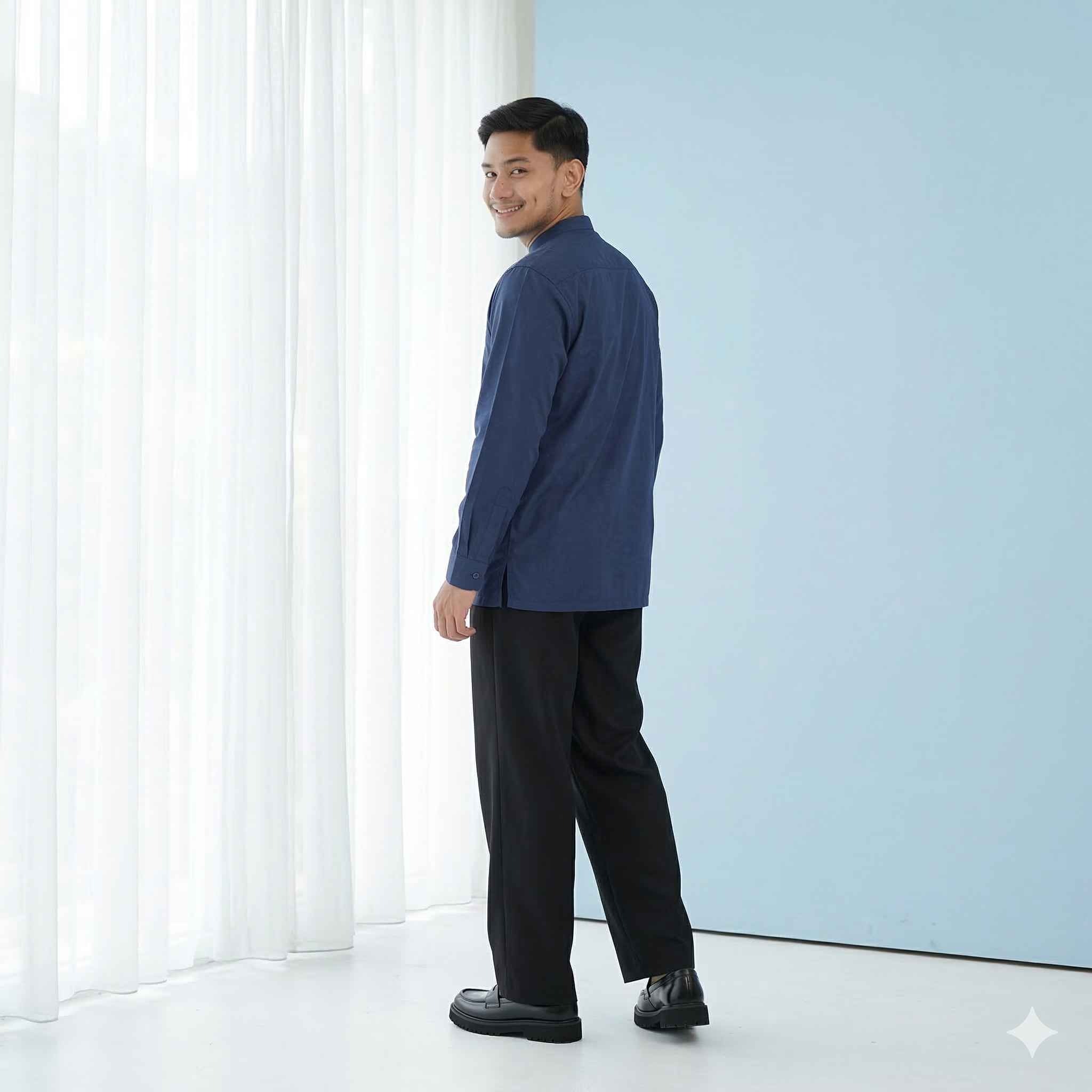 Koko Bordir Lengan Panjang Pria Rashad - Baju Koko Kerah Changi Collarless Katun Bordir Motif