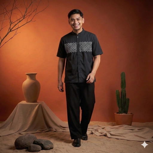 Image of Koko Bordir Lengan Pendek Pria Yazhid - Baju Koko Kerah Changi Collarless Katun Bordir Motif