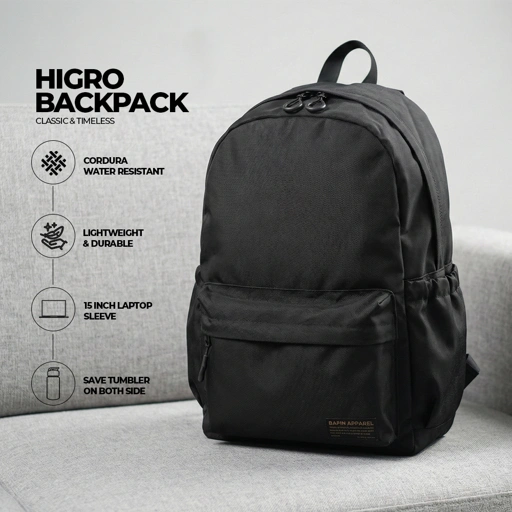 Image of Tas Higro Backpack Black Cordura - Tas Ransel Basic Laptop Pria Wanita Sekolah Kantor Kerja
