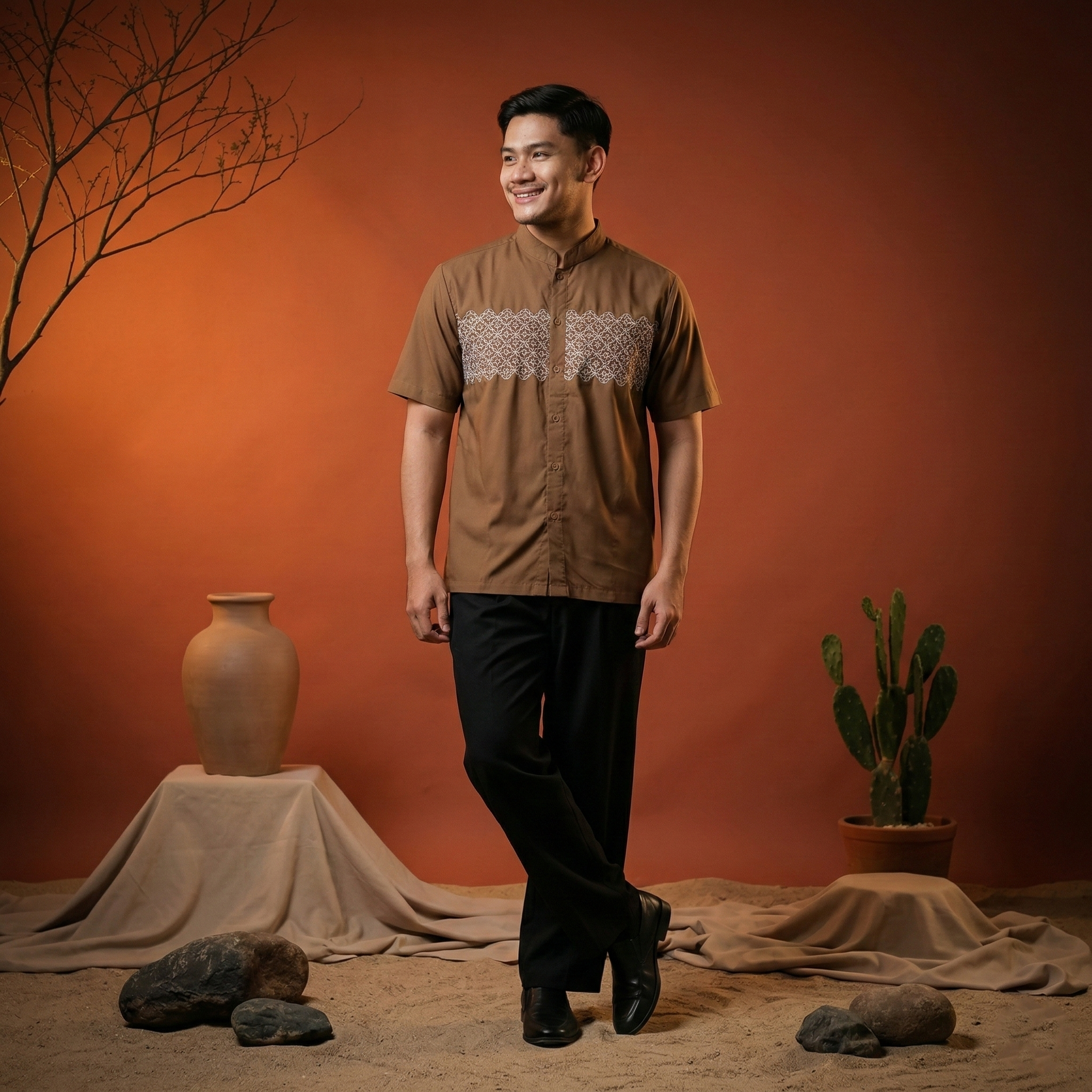 Koko Bordir Lengan Pendek Pria Yazhid - Baju Koko Kerah Changi Collarless Katun Bordir Motif