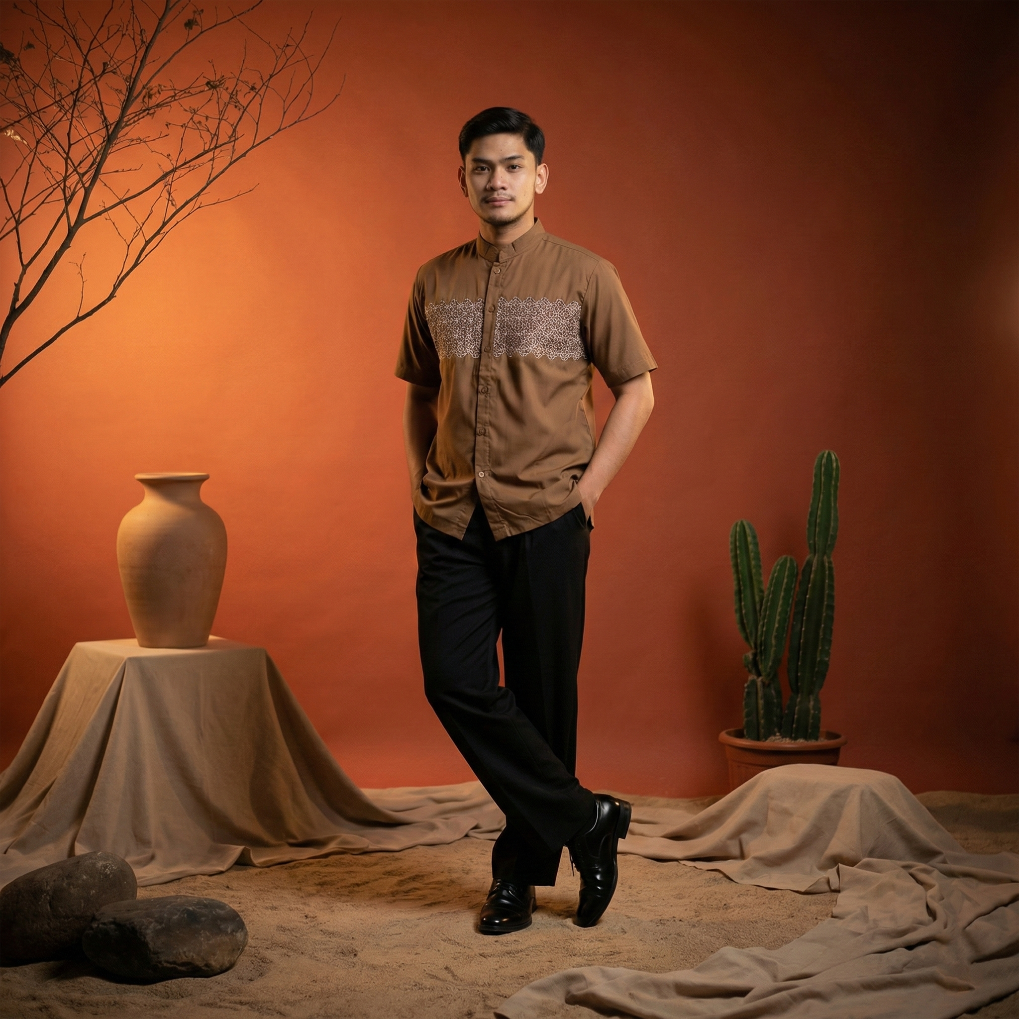 Koko Bordir Lengan Pendek Pria Yazhid - Baju Koko Kerah Changi Collarless Katun Bordir Motif